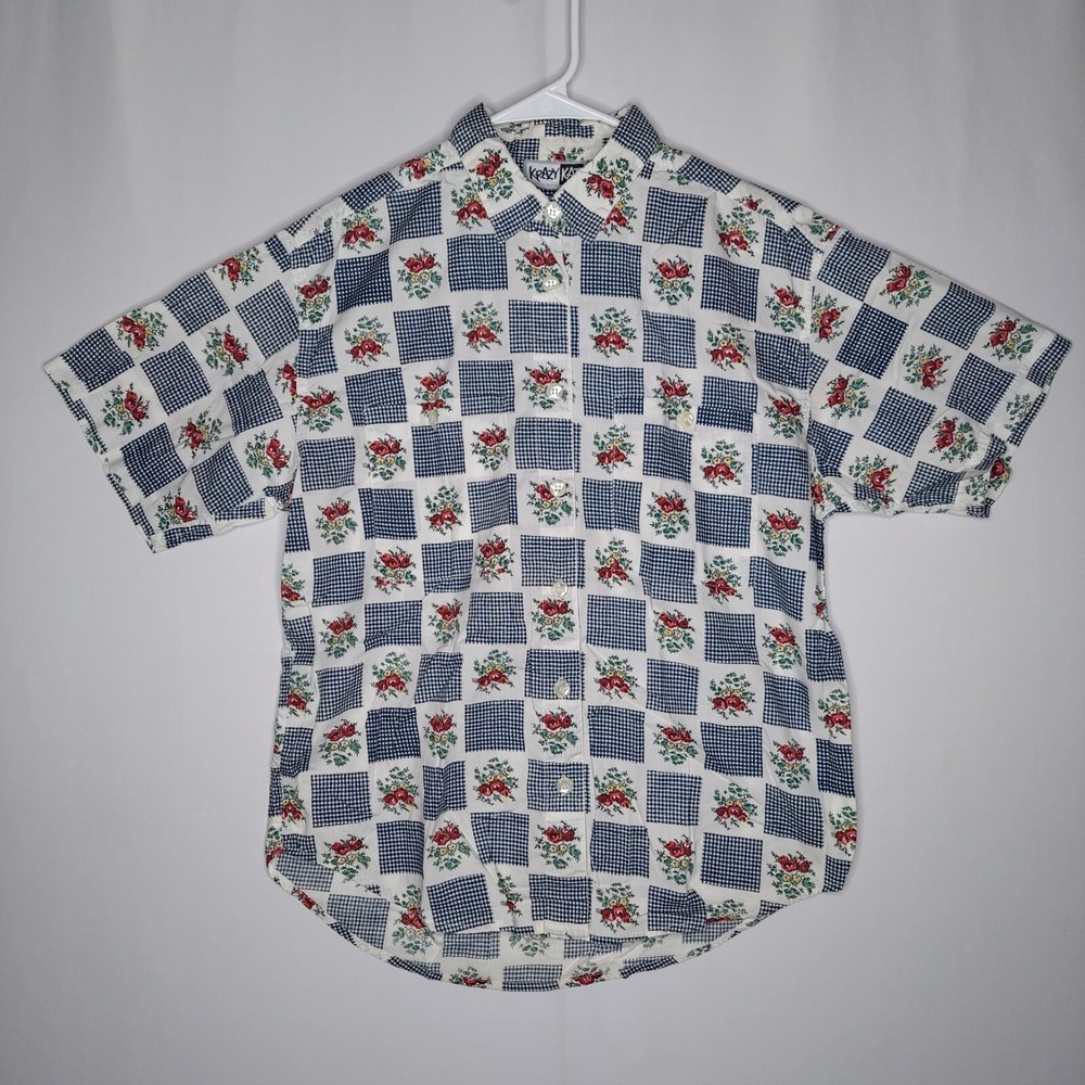 Krazy Kat Vtg Top Women Medium Block Floral Button Short Sleeve Country Cowgirl